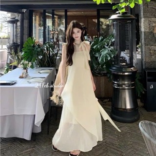 V05 Váy hai dây tơ nhăn phối kèm yếm tơ bên ngoài phong cách tiểu thư 24Febstudio, Váy nữ đi biển, đi chơi siêu xinh