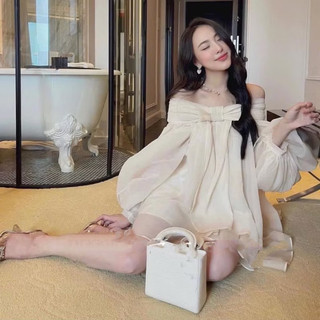 váy babydall trễ vai thắt nơ tay bồng tà xoè cute