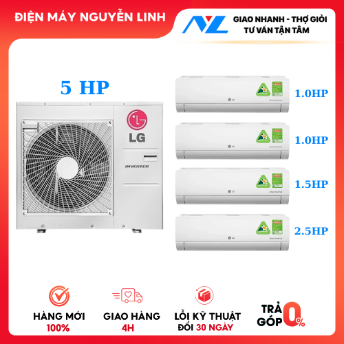 Combo Máy Lạnh Multi LG Inverter 5.0HP | Dàn Nóng Z5UQ48GFD1 + 4 Dàn Lạnh Treo Tường 2x1.0HP 1.5HP 2.5HP