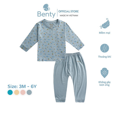 Bộ dài tay cổ trụ BENTY họa tiết cute, chất vải cao cấp, thấm hút mồ hôi, đồ bộ cho bé trai bé gái