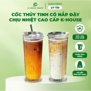 Cốc thuỷ tinh sọc dọc thẳng K House Smart 600ML, cốc thuỷ tinh trang trí cute có nắp đậy, ống hút SD1
