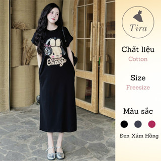 Đầm bầu TIRA MAMA V1916 Váy suông dáng dài cộc tay đầm mặc nhà đầm mùa hè in hình thỏ dễ thương