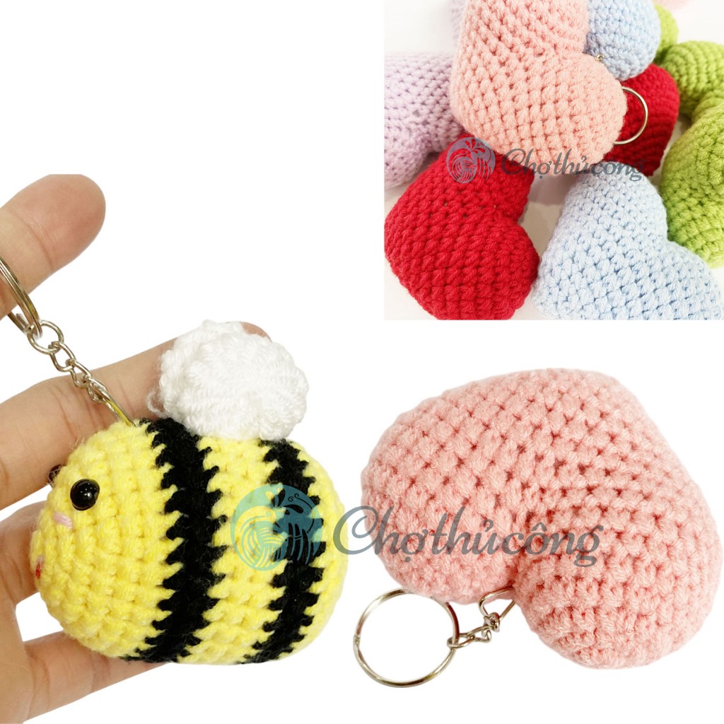 Móc khoá trái tim con ong dễ thương, quà tặng keychain len, móc khóa ong trái tim len handmade xinh