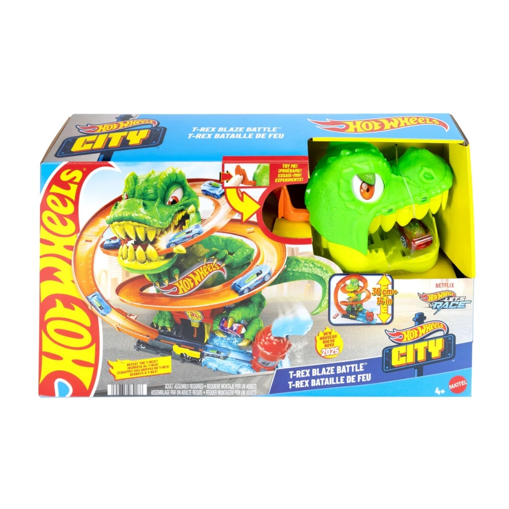 Bộ đường trượt xe ô tô mini cho trẻ 4 tuổi trở lên JBM73 Hot Wheels City T-Rex Blaze Battle Playset