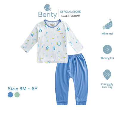 Bộ dài tay cài vai phối họa tiết hình dạng BENTY mềm mại, đồ trẻ em mặc điều hòa an toàn làn da bé