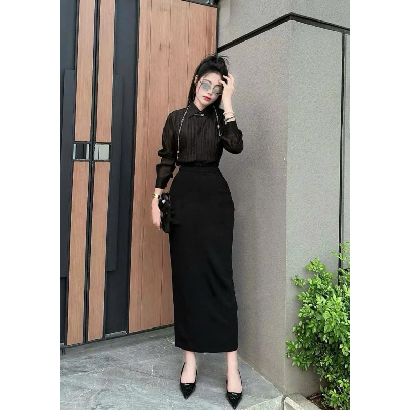 PHIÊN BẢN MỚI Chân Váy Suông Dáng Dài màu đen 90cm xẻ tà sau, chân váy xuông dài cải tiến tôn dáng, 