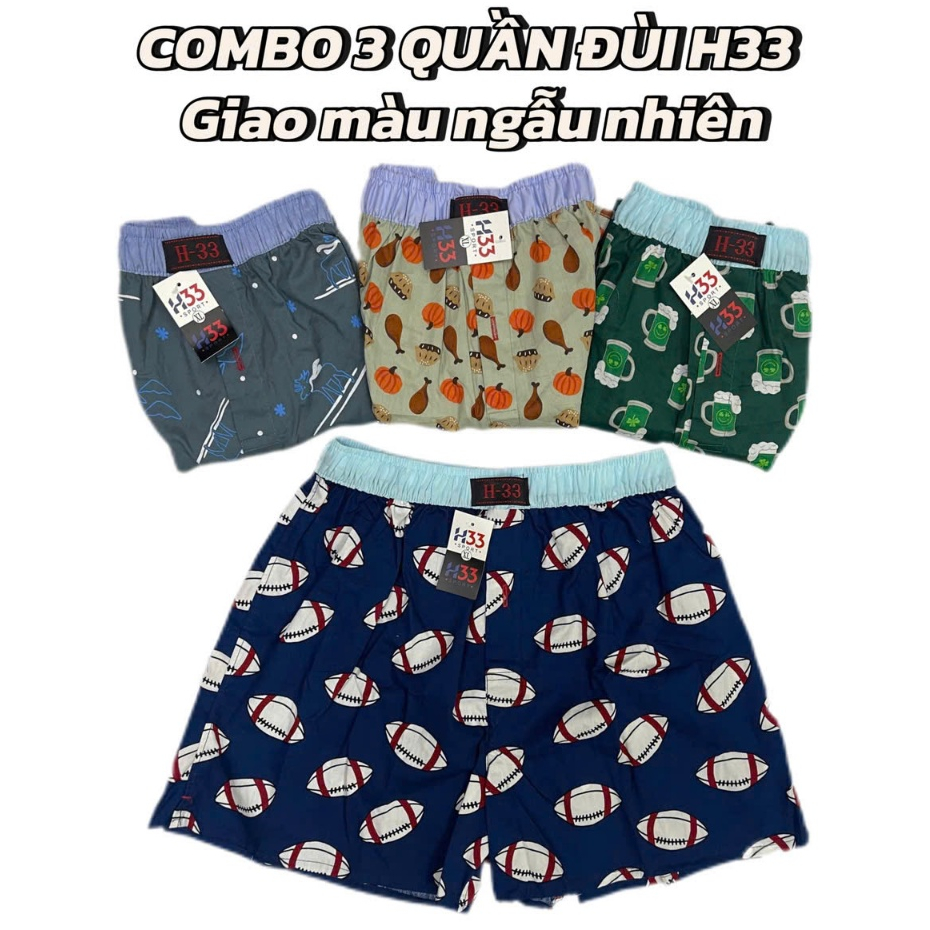 Combo 3 Quần Đùi Ngủ H33 (Loại 1)  Họa Tiết Hình Thú/ Kẻ Sọc, Chất Vải Kate Mềm, Mịn