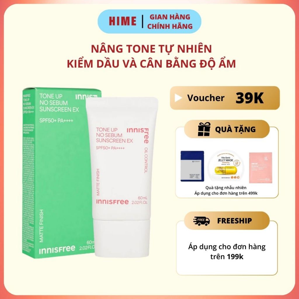 Kem chống nắng nâng tông kiềm dầu Innisfree Tone Up No Sebum Sunscreen EX SPF 50+ PA++++ 60 mL Mẫu mới nhất