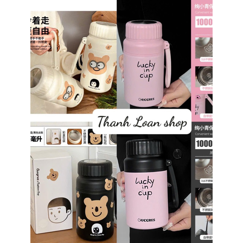 (Tặng túi xách mẫu nữ,tặng cọ rửa mẫu nam)Bình giữ nhiệt nắp vặn dung tích 1000ml