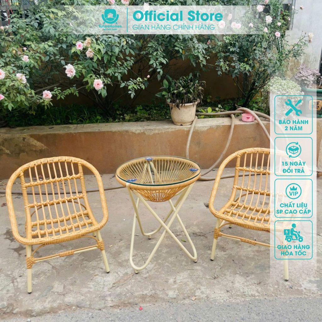 Bộ Bàn Ghế Con Sò Giả Mây Khung Thép Decor Ban Công, Sân Vườn, Quán Cafe, Mẫu SGM88 / FutureHomes