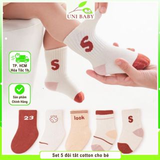 Set 5 đôi tất cho bé sơ sinh, vớ cotton mềm, chống trượt, họa tiết dễ thương cho trẻ