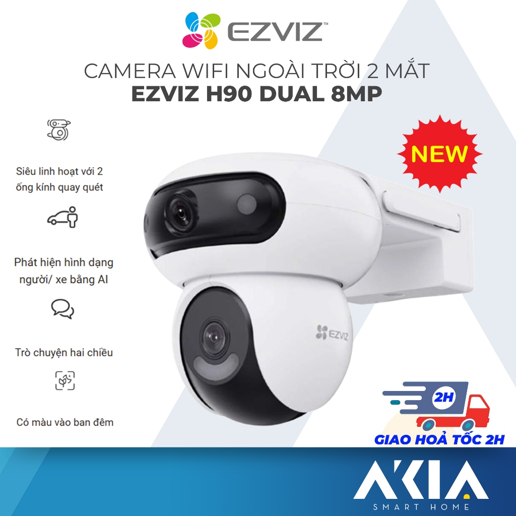Camera wifi 2 mắt Ezviz H90 Dual 8MP xoay 360°, Đàm thoại 2 chiều, Ghi hình màu, BH 2 năm