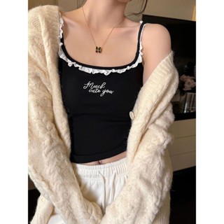  Áo 2 Dây Croptop CÓ MÚT ĐỆM Áo Len Dệt Kim Nữ Co Giãn Thêu Chữ Phối Viền Ren Bèo Ôm Body Phong Cách Hàng Qccc NVNstore 