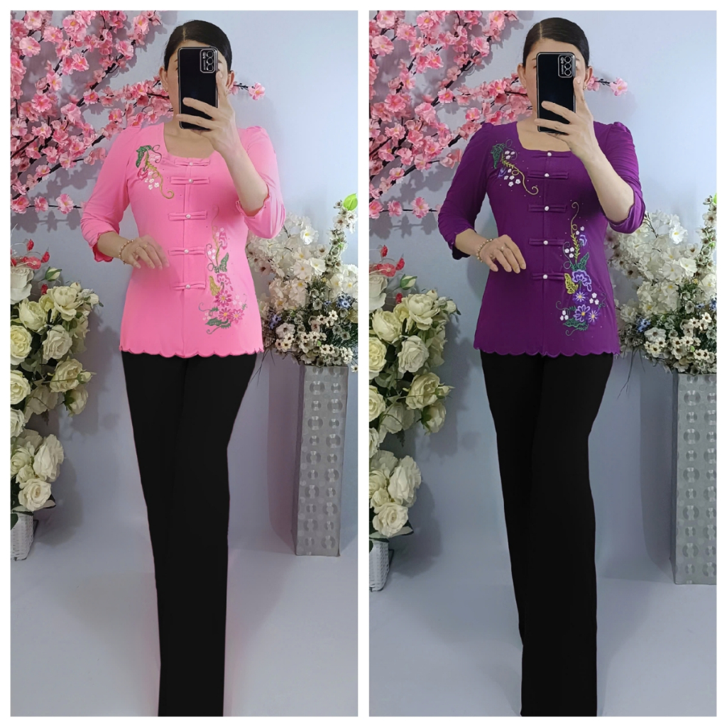 Bộ Lẻ (Áo Bà Ba Cổ Vuông Thêu Hoa Rô Đê + Quần Đen Ống Rộng)