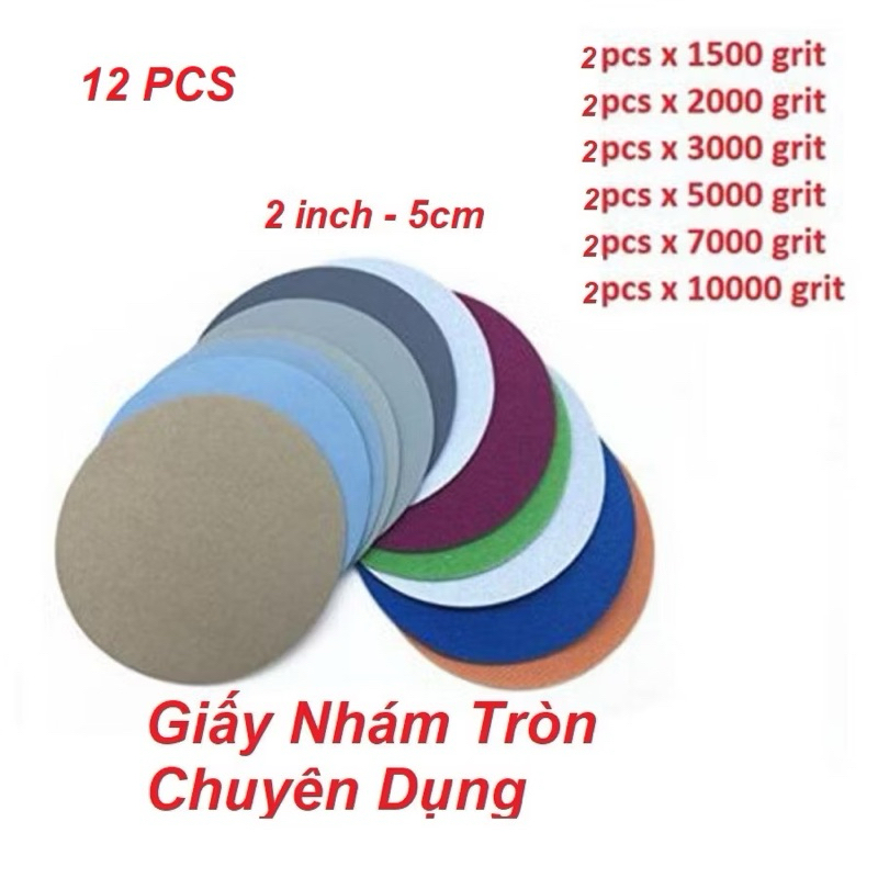 Giấy Nhám Mịn Tròn 2 inch (12 tờ) P1500 - P10000 Chuyên Dụng Cho Thợ Mộc, Mài Bóng Epoxy Resin, Đá, 