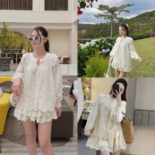 Set áo sơ mi dáng babydoll dài tay phối viền ren Maian kèm chân váy ly bồng vải thô hoa đục lỗ siêu xinh đi chơi S5528