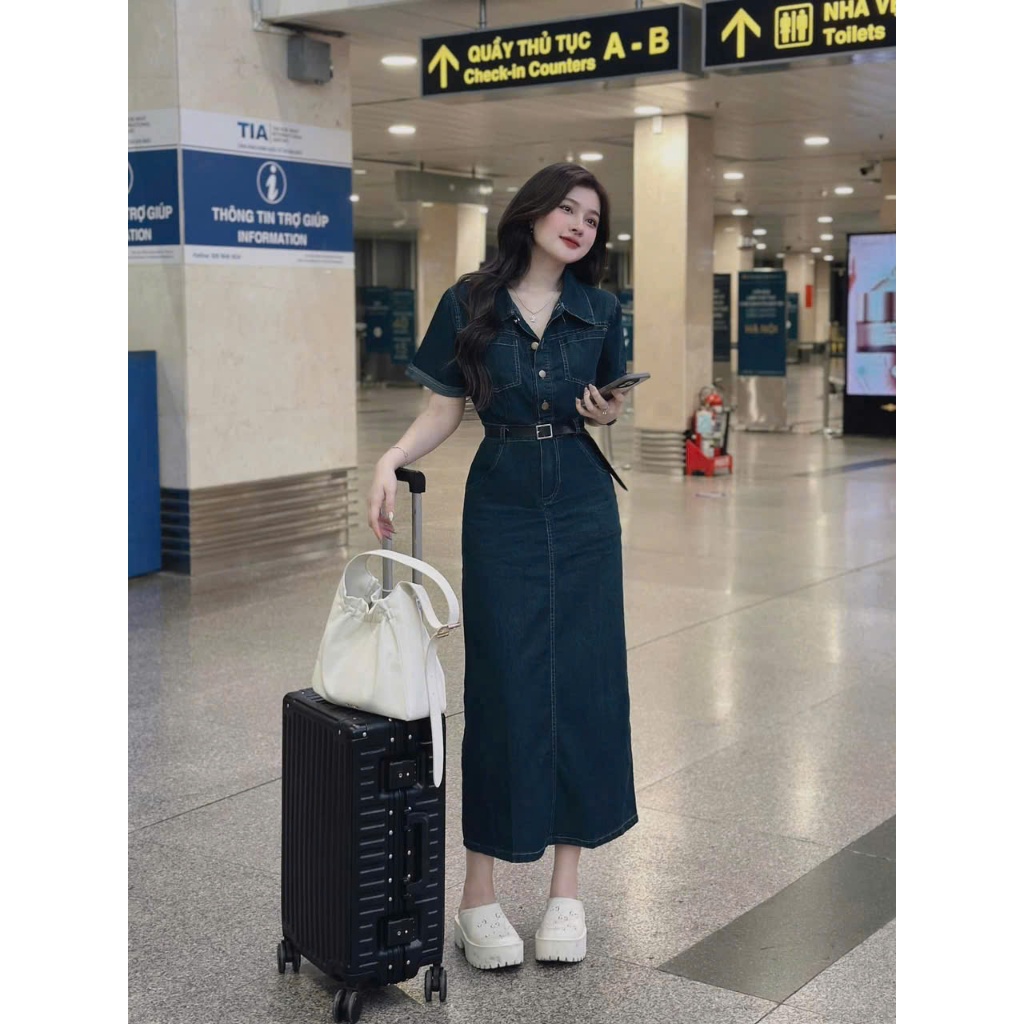 D766 (TÁO ĐỎ BIGSIZE 55-90KG) ĐẦM JEAN BIGSIZE ĐẦM JEAN DÁNG DÀI TAY NGẮN KÈM NỊT