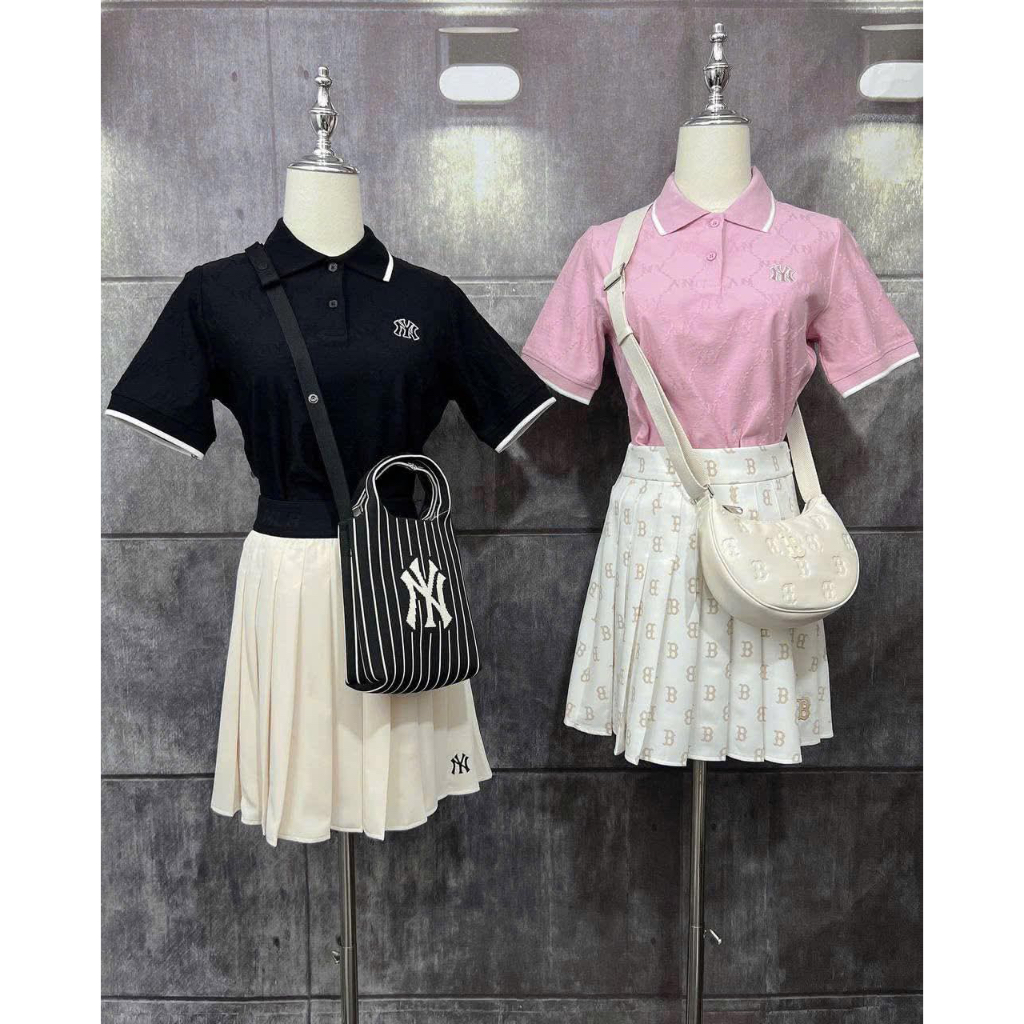 [ CHÍNH HÃNG ] Áo Polo Nữ MLB Women`S Dia MONOGRAM Tonal Jacquard Polo T Shirts NEW YORK YANKEES