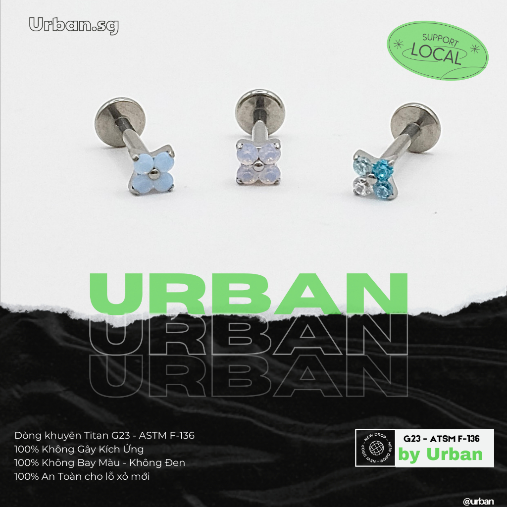 [1 Mặt Khuyên] Khuyên tai, chất liệu titan G23 ASTM F-136 HOA FLEUR Mix Không Ngứa Không Đen urban  