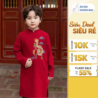 Áo dài cho bé trai, áo dài cách tân truyền thống màu Đỏ vàng thêu rồng, phối gấm, khuy tàu {10-50kg} - Áo Dài Hoàng Mai