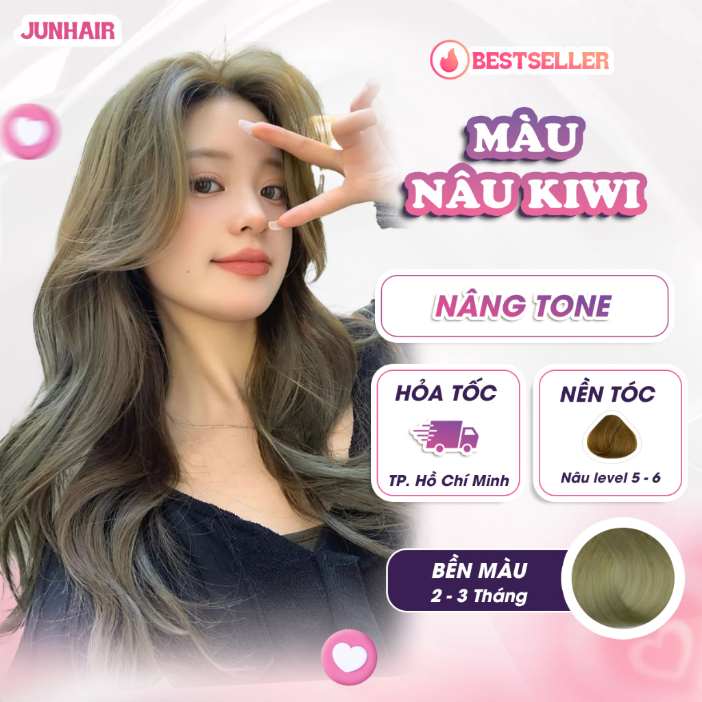 Thuốc nhuộm tóc màu Nâu, thuốc nhuộm tóc màu Nâu Kiwi, Nâng Tone JunHair, tặng kèm oxi trợ dưỡng bao