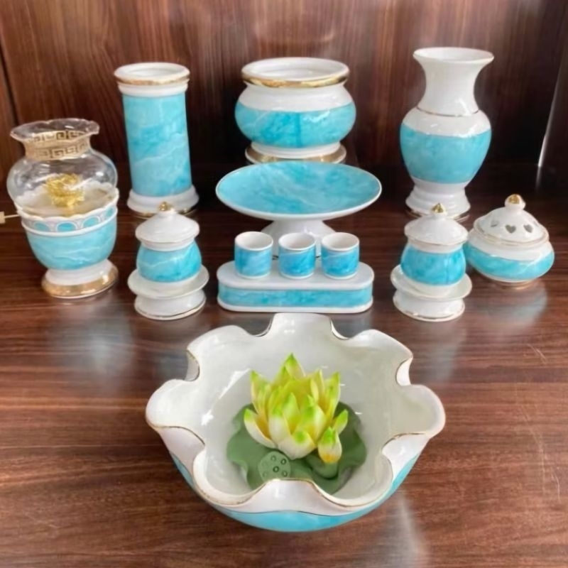 Bộ Thờ Cúng Gốm Sứ Xanh Cao Cấp, Bình Hoa, Đĩa Trái Cây, Lư Bát Hương, Ống Nhang, Đèn Dầu, Khay Hũ, 