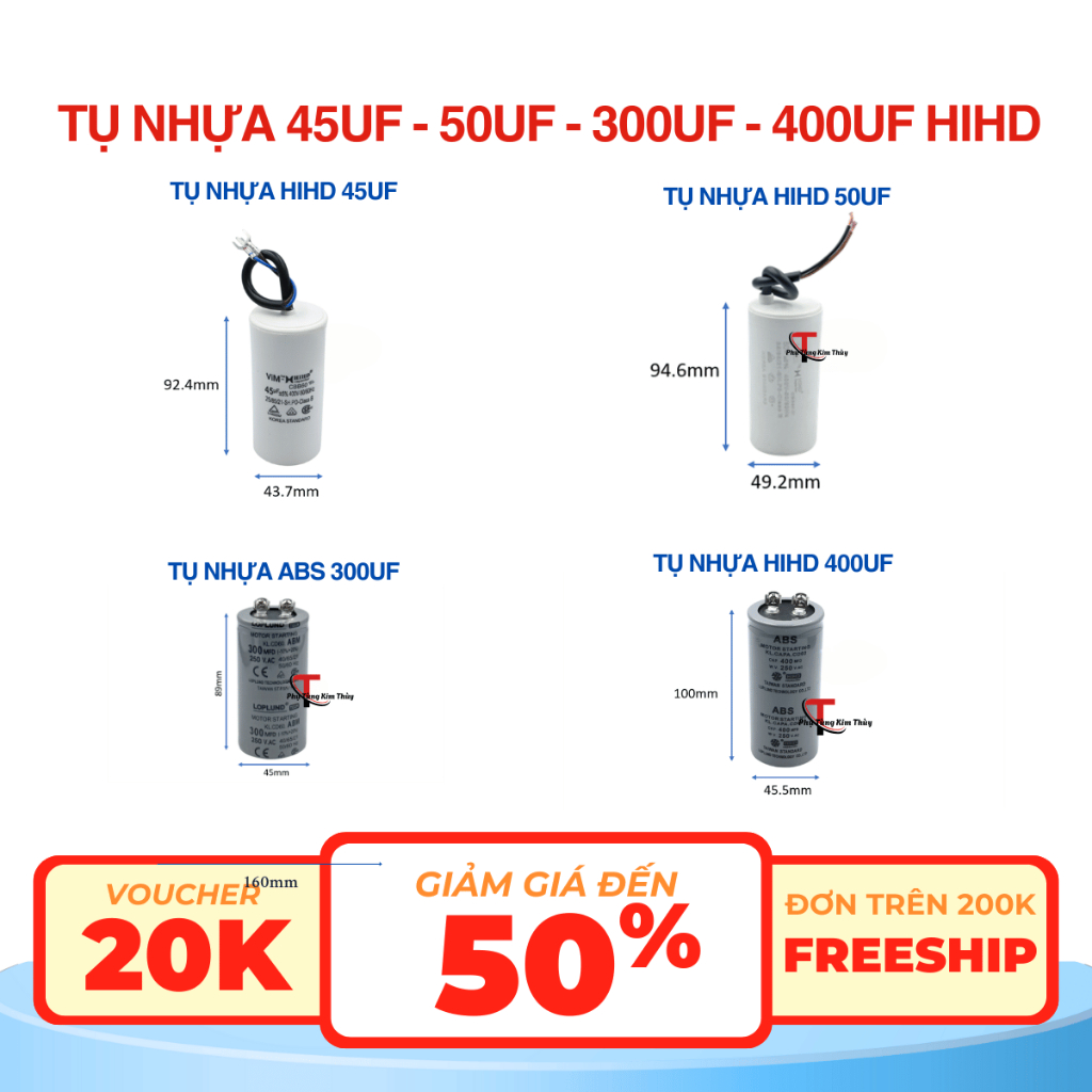Tụ nhựa, tụ ngậm, tụ đề, tụ Kapa VIM 20uf, 25uf, HIHD 45uf, 50uf. 300uf, 400uf