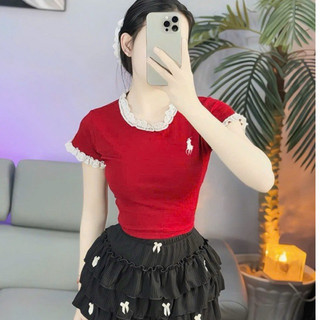  Áo thun nữ tay ngắn viền ren cổ tròn phong cách Basic ao nữ tay ngắn phối ren tiểu thư áo Baby Tee viền ren đính nơ 
