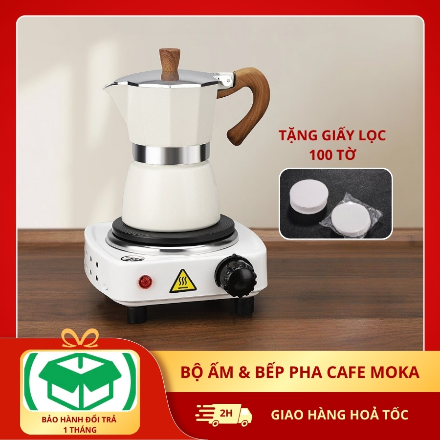 COMBO Bộ Pha CAFE MINI 500W Siêu Nhanh  MOKA POT Bếp Điện + Bình Pha 150/300ml
