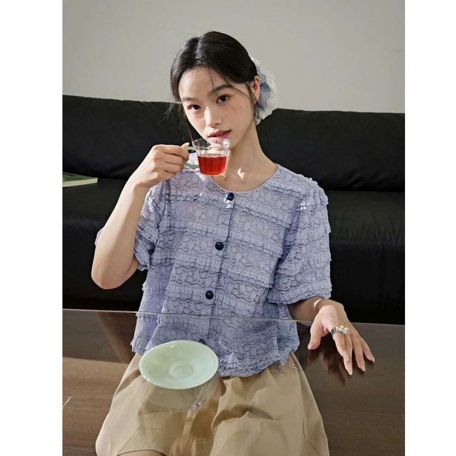 E0048 Áo ren cổ tròn họa tiết kiểu Pháp hàng xuất của Kuose - Suhi Studio