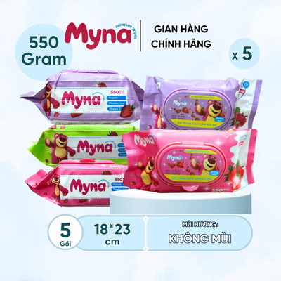 Combo 5 Gói Khăn Ướt Myna 550Gr Không Mùi - 3 Màu Lựa Chọn Cho Bé