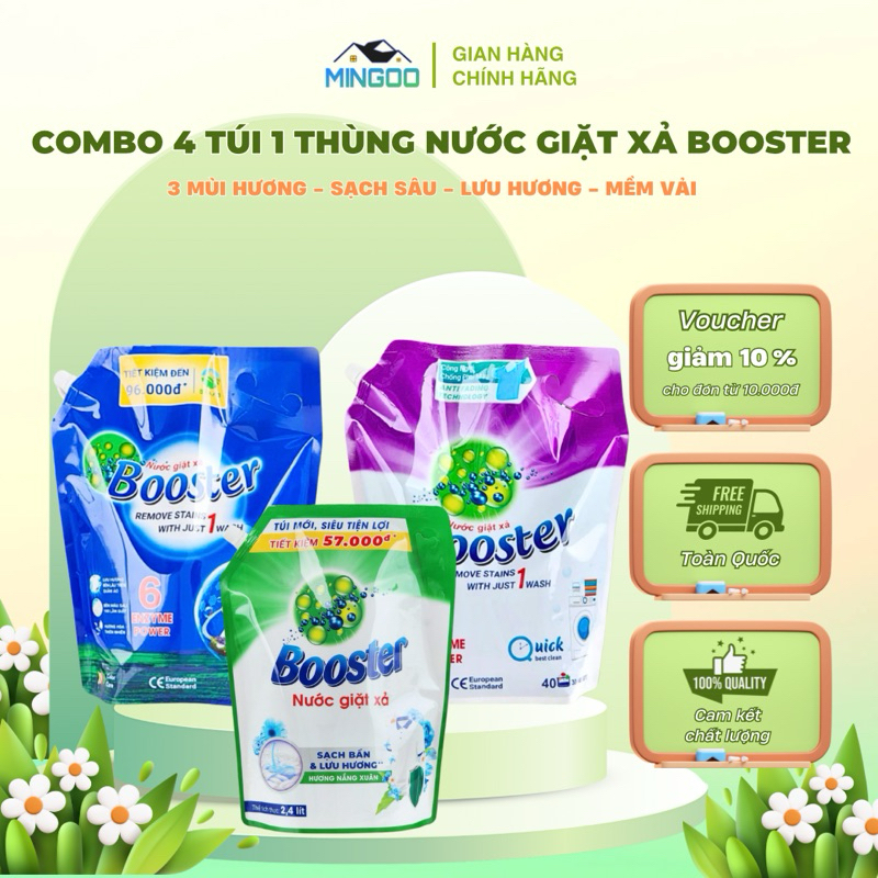 Combo 4 Túi 1 Thùng Nước Giặt Xả Booster FREESHIP Hương hoa và Hương Nắng Mai , lưu hương , sạch khuẩn , mềm vải