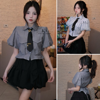 KADESIGN_ Áo sơ mi croptop kẻ sọc trẻ trung năng động dễ phối chất thô mềm.