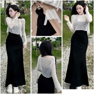 Set Hai Món Đầm Body Cổ Yếm Phối Dây Cột Nơ Dáng Dài Mix Áo Khoác Ren Lưới Sang Chảnh Thích Hợp Đi Tiệc Đi Biển Đi Chơi