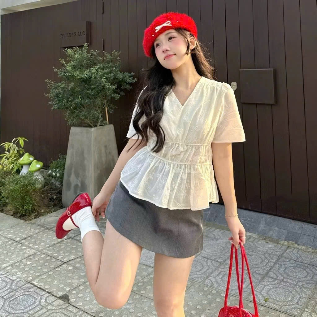 Áo sơ mi nữ cổ v dáng babydoll xòe nhẹ hoa chìm tiểu thư A357, Áo babydoll kiểu nữ Hàn Quốc