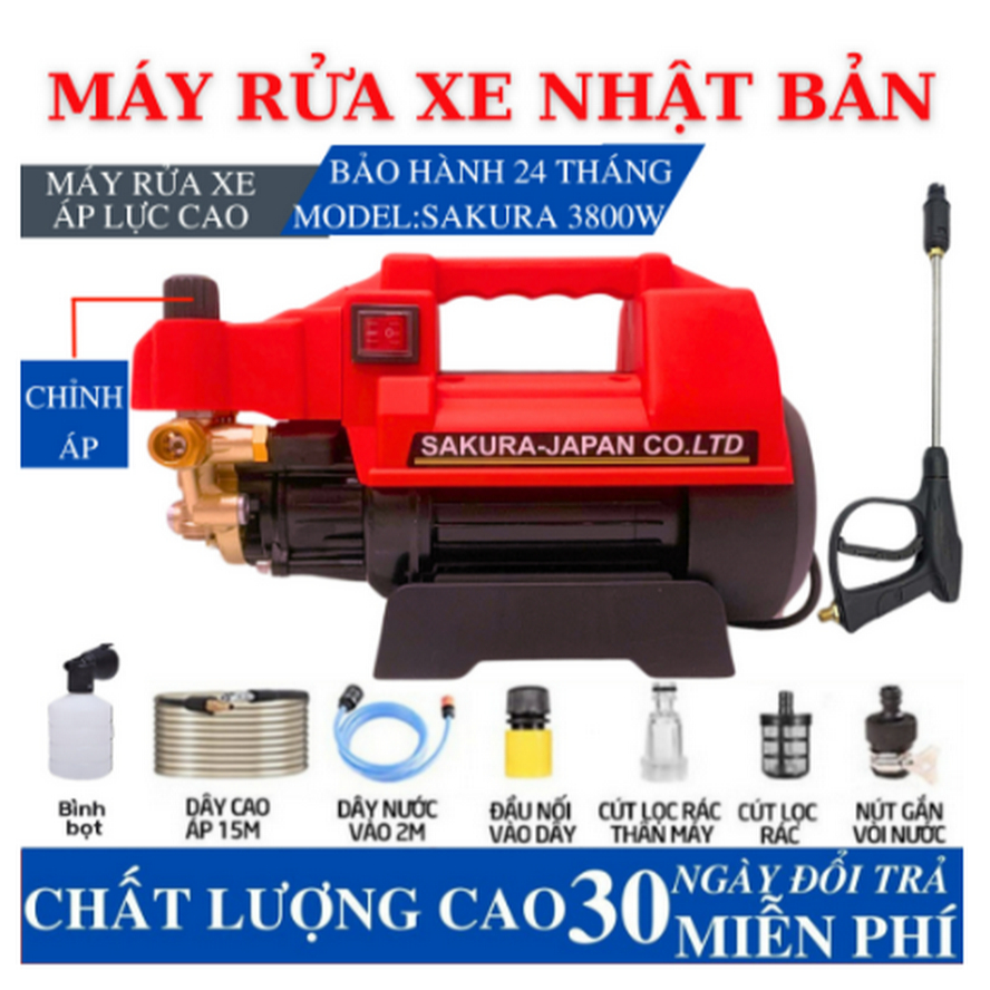 Máy rửa xe sakura 3500w đỏ, cam có chỉnh áp công suất 3500W dây dài 15m