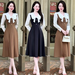 A120 Váy đầm thời trang nữ  dự tiệc chất cotton mềm mịn phối nơ tay dài dáng xòe Mijustore