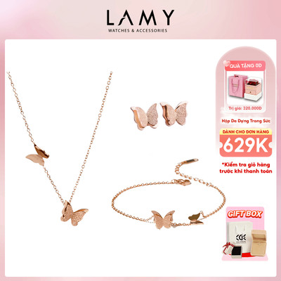 Bộ quà tặng trang sức LAMY gồm Dây chuyền ,vòng tay, khuyên tai Butterfly Ear Plugs Rose Gold