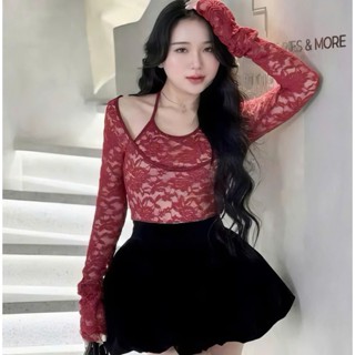  S859  TÁO ĐỎ BIGSIZE 55-90KG   SET 2 MÓN THIẾT KẾ BIGSIZE ÁO REN TAY DÀI CỔ YẾM + CHÂN VÁY NHUNG 