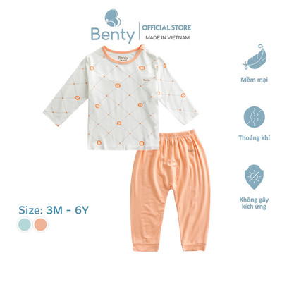 Bộ dài tay cài vai họa tiết hình dạng, caro BENTY mềm mịn thoáng khí, quần áo trẻ em chính hãng