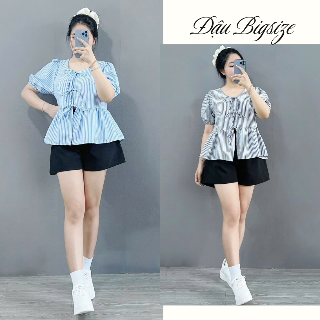 Set bigsize nữ áo babydoll tay ngắn kẻ sọc chất kate mềm kèm chân váy bí lưng thun (có quần bảo hộ) - A190+CV413/Q500