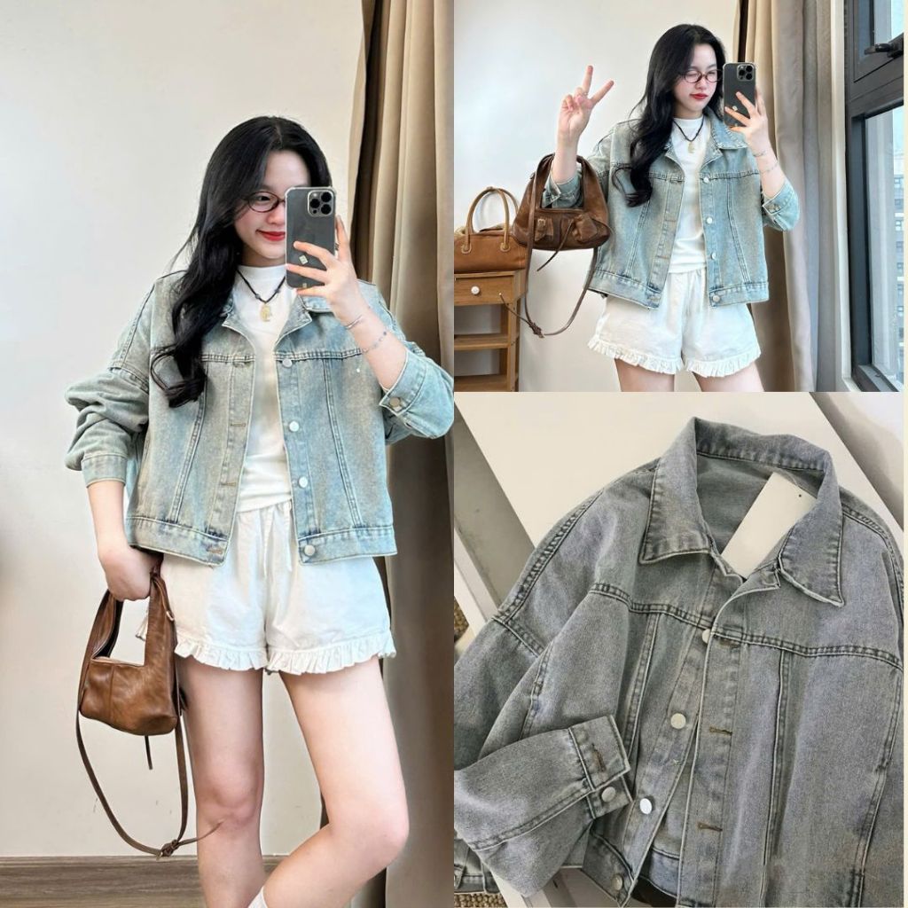 Áo khoác bò jean nữ dài tay dáng croptop form ngắn cá tính khoác ngoài chống nắng phom unisex