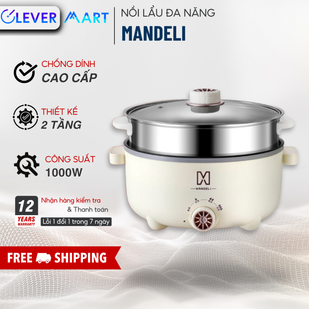 Nồi Lẩu Điện Đa Năng MANDELI 2 Tầng Size 28cm Dung Tích 3.5L, Công suất 1000W, Chống Dính Vân Đá Cao Cấp