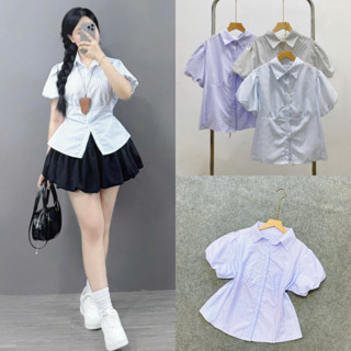 Set đồ bigsize nữ áo sơ mi tay phồng kẻ sọc kèm chân váy bí lưng thun co giãn (có quần bảo hộ) - SM189+CV413