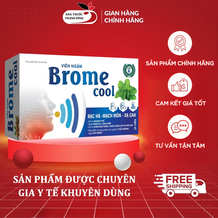 Viên Ngậm Brome Cool (hộp 3 vỉ x 8 viên) hỗ trợ giảm ho đau rát họng