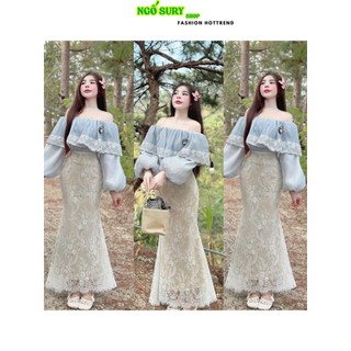  Set váy Ren hoa 2 lớp đuôi cá áo Voan phối Ren tay bồng trễ vai đính hoa đi chơi du lịch 
