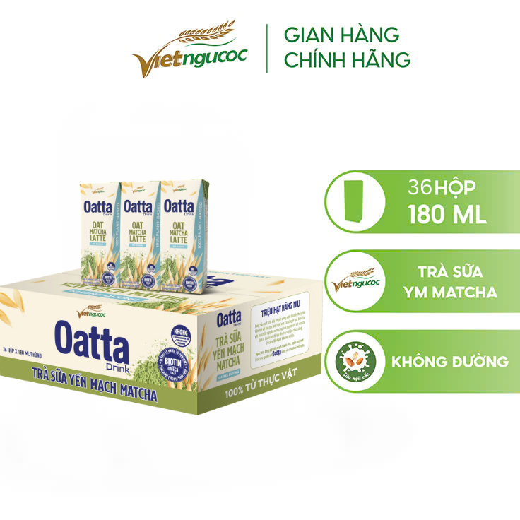   Tặng Thẻ Cào  Thùng 36 Hộp Trà Sữa Yến Mạch Matcha OATTA Drink Không Đường 180ml 