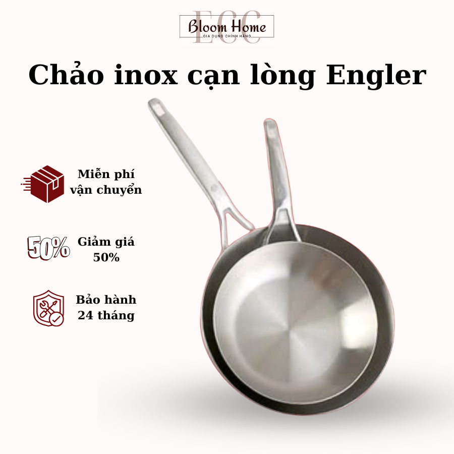Chảo inox 304 cạn lòng Engler đáy 5 lớp đúc nguyên khối từ Đức chống dính tự nhiên, BH chính hãng