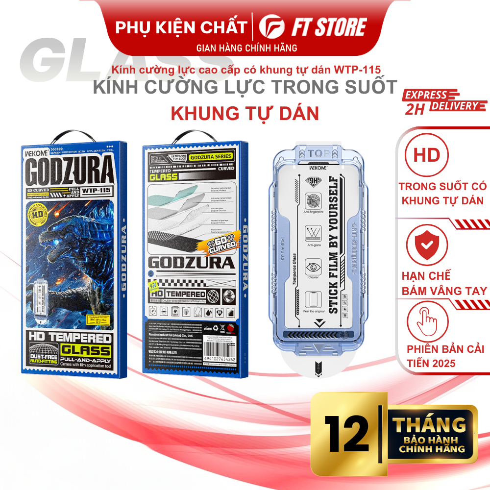Kính cường lực Godzura WTP-115 Trong Suốt có Khung Tự Dán, Chống vân tay, siêu mỏng cong 6D mới nhất