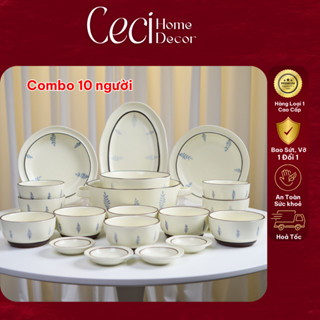  Bộ bát đĩa gốm sứ cao cấp họa tiết Mimosa Bắc Âu Ceci Home Decor combo 6 người combo 10 người 